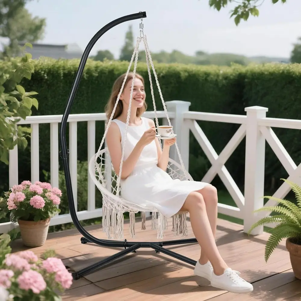 Patio Hammock Stand Only, Hammock Chair Metal C-Stand with Hanging Chain, Max Load 330lbs, Black