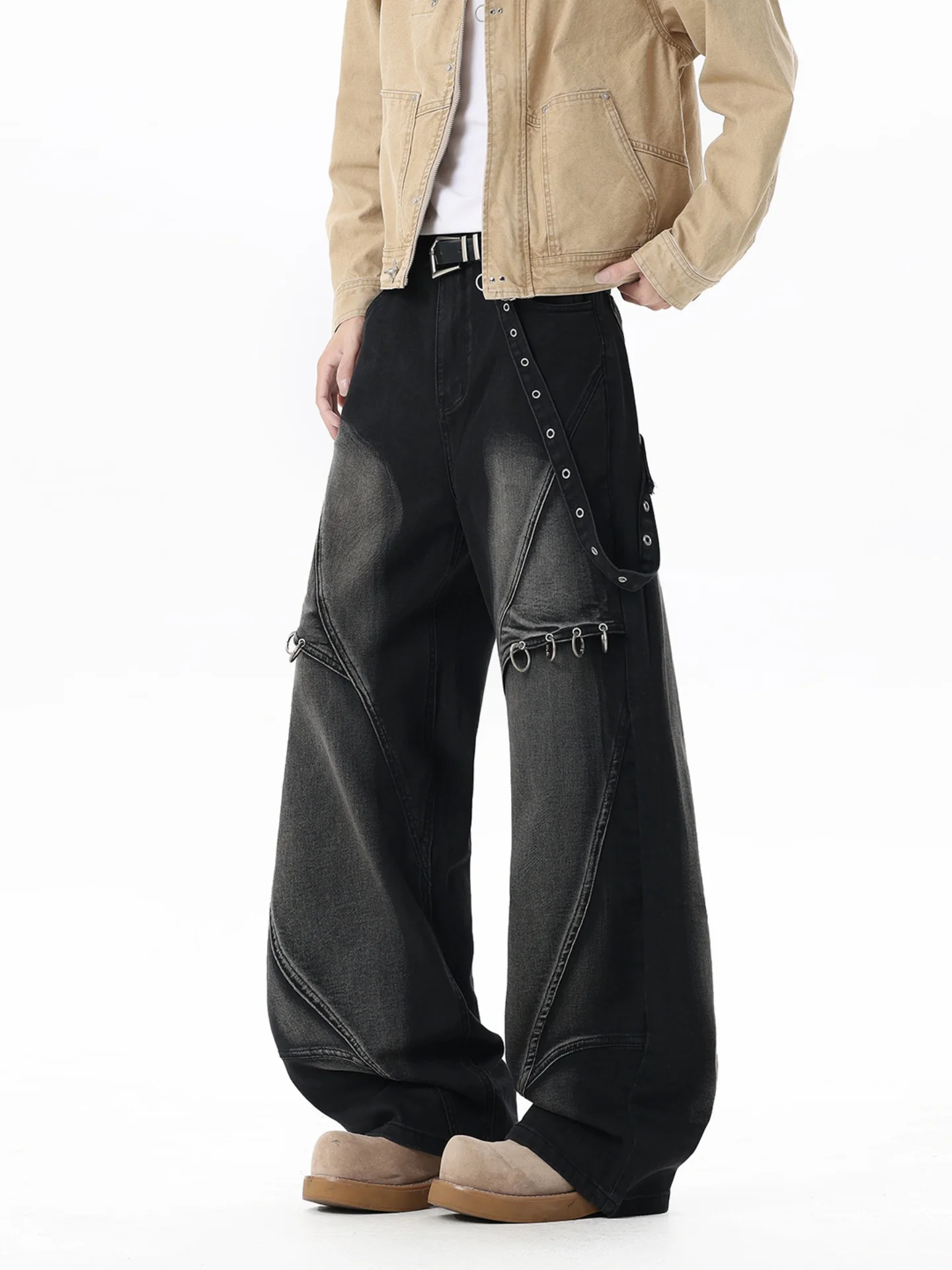 Y2K Punk Metal Ring Buckle Men's High Street Deconstructed Trendy Design American Washed Knife  Jeans Straight Loose Fit