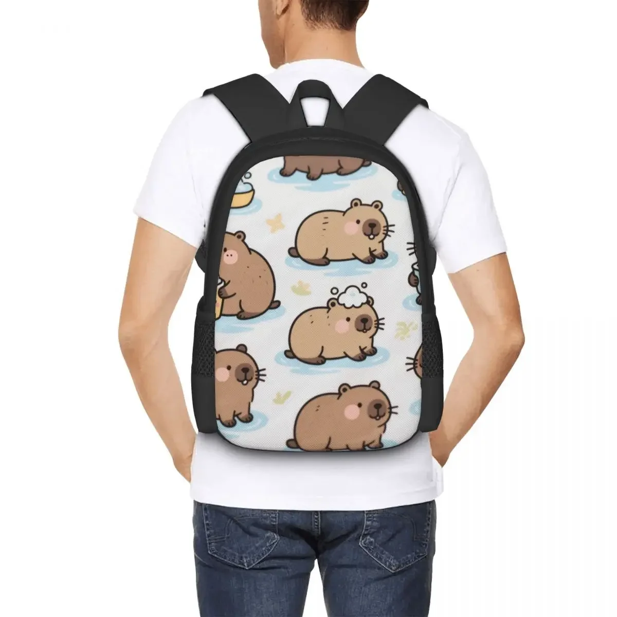Interesting behavior of capybara boys and girls, children's backpacks, laptops, shoulder bags