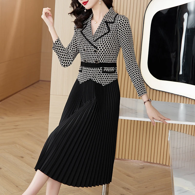 Pleated Print Dress 2023 Autumn/Winter New Elastic Large Waist Slim Suit Collar A-line Dress Knee Length Skirt