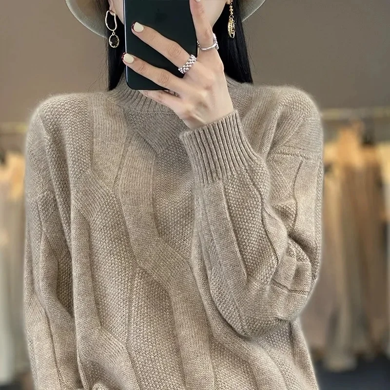 Fashion Basic Autumn Winter Merino Wool Sweater Mock Neck Cashmere Pullover Solid Color Soft Long Sleeve Clothing Tops