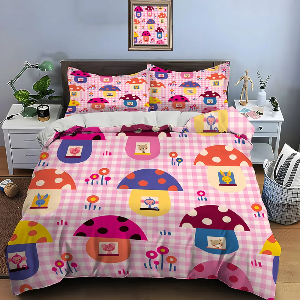 Mushroom houses with cartoon animals Print Bedding Set 1 Duvet Cover 2 Pillowcases for Adult and Children Luxury Gift Full Size
