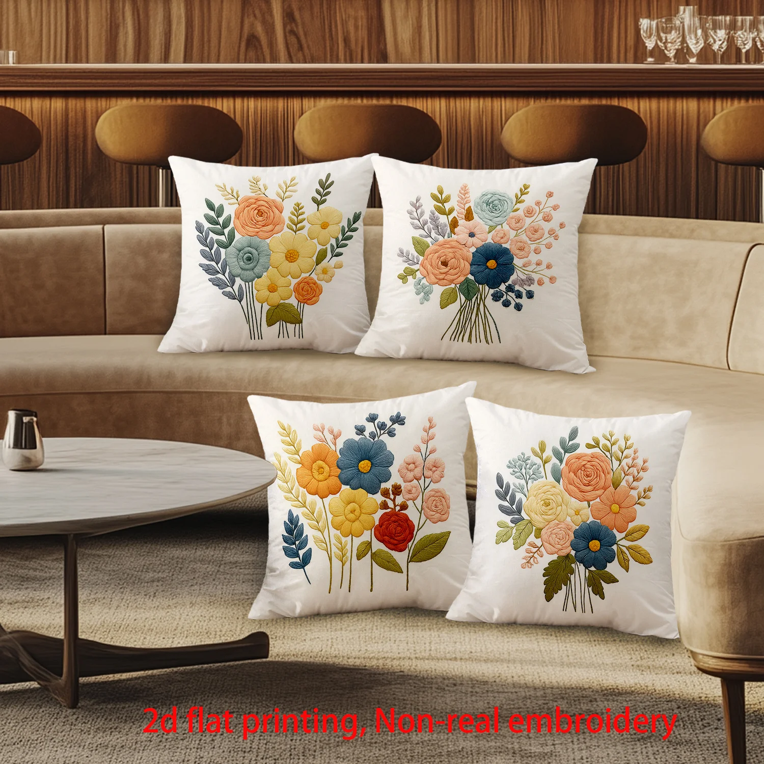 4Pcs Embroidery Style Pillow Covers 45x45cm Double-sided Printed Colorful Flower Bouquet Cushion Cases Modern Home Decor Throw