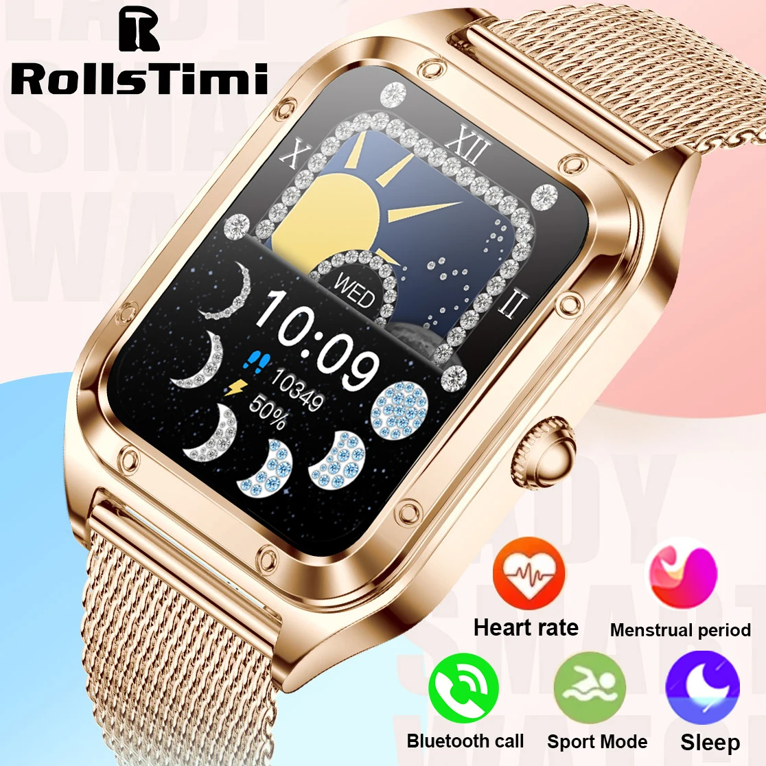 Rollstimi Gold Diamond Luxury Smart Watch Women   Bluetooth Call Sports Waterproof DIY Custom Dial Smartwatch For Gift Ladies
