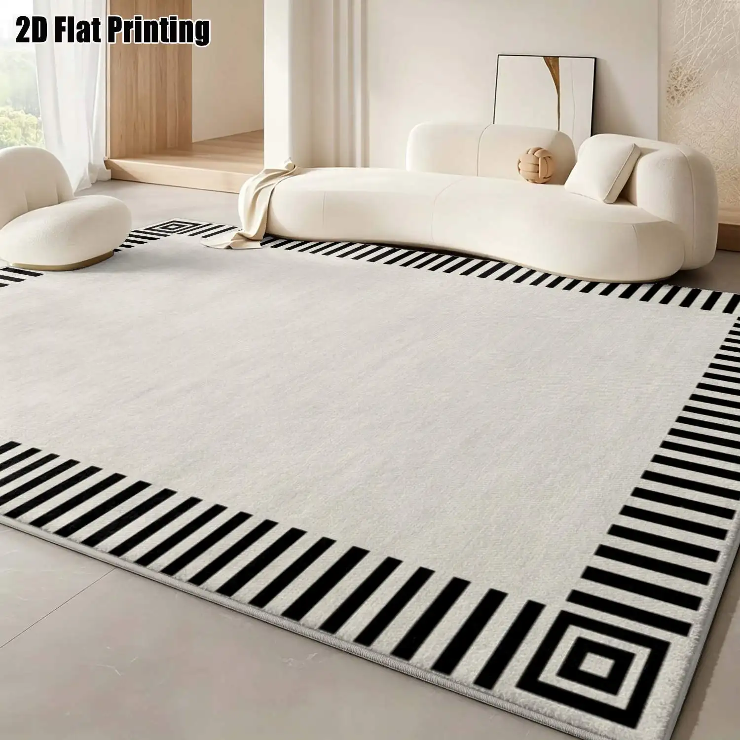1Pc 2D Printed Black White Geometric Border Carpet, Nordic Modern Simple Style, Multi-Size Machine Washable, Ideal for Home Decor & Various Mat Uses