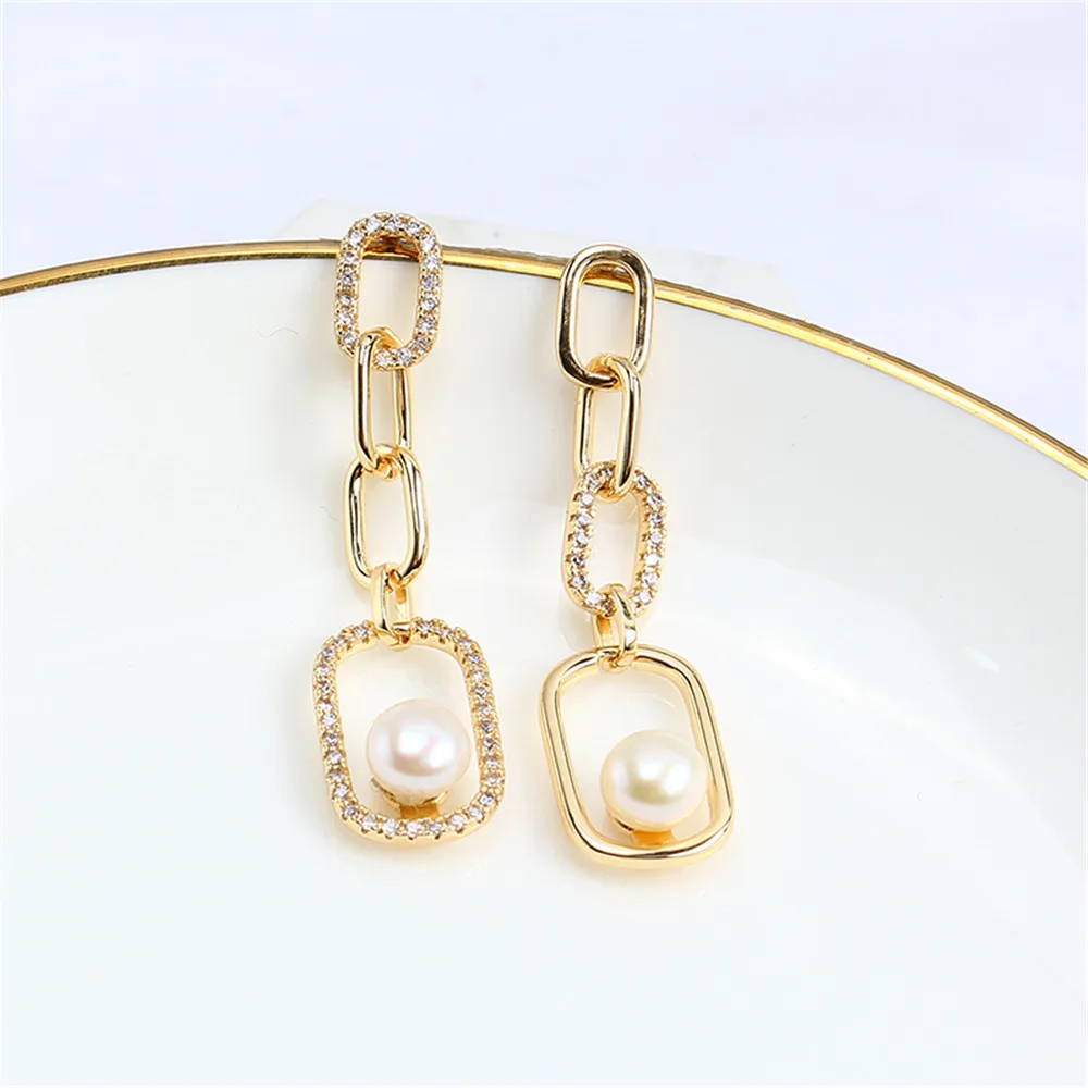 

S925 Silver Needle Domestically Made 14k Gold Wrapped Injected Rectangle Chain Pearl Zircon Earrings DIY Empty Bracket Earrings