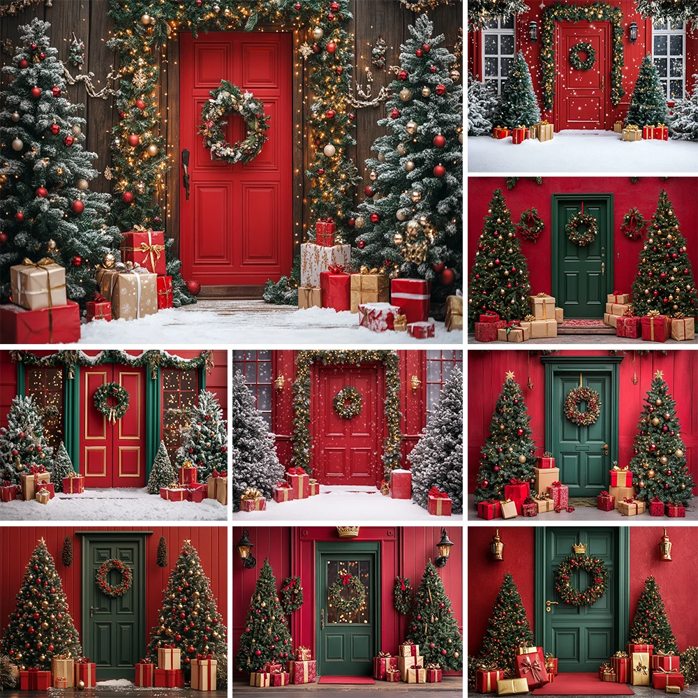 

Christmas Background Photography Snow Tree Kids Baby Photo Studio Backdrop Red Door Wreath Gifts Decoration Shoot Props