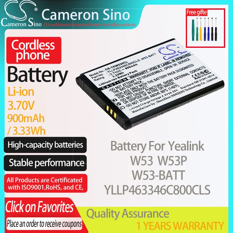 CameronSino Battery for Yealink W53 W53P fits Yealink W53-BATT YLLP463346C800CLS Cordless phone Battery,Landline battery 900mAh