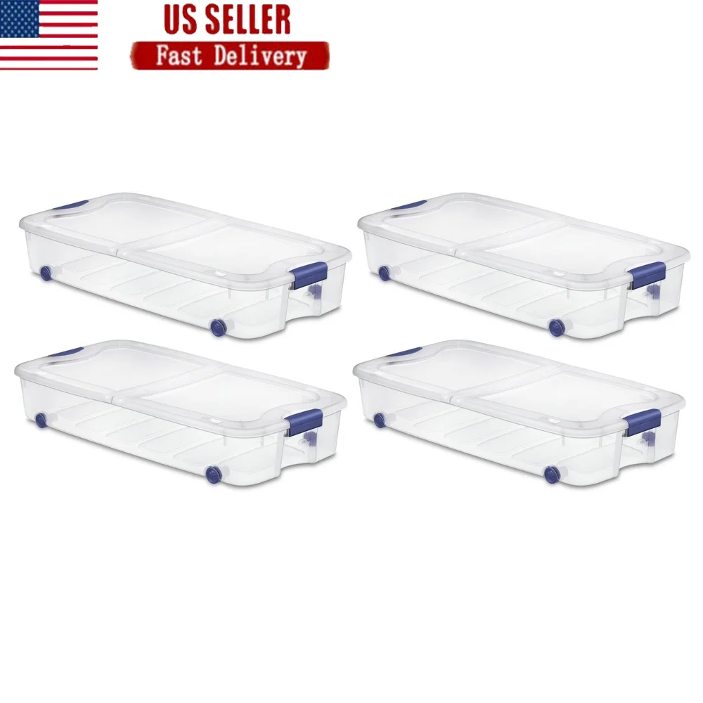 

Clear Wheeled Storage Bins 66 Quart Latching Containers Stackable Underbed Organizer Ideal Bedding Clothes Gift Wrap Pack of 4