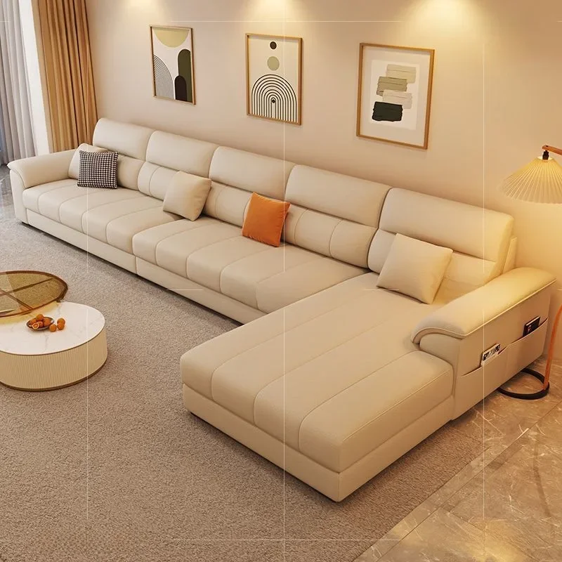 Divano moderno e semplice in pelle da grattare per gatti, soggiorno familiare, piccolo appartamento, tasti per pianoforte in pelle color crema a forma di L
