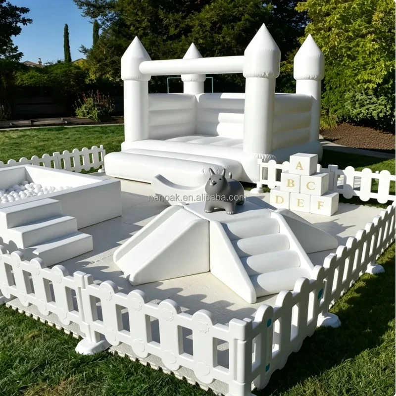 Commercial White Inflatable Bounce Castle Soft Play Set Pyramid Climber With Ball Pit Climbing for Kids Party Event Rental
