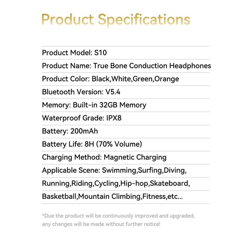 Excellent-S10 Bluetooth 5.4 Bone Conduction Wireless Headphones 30 Meters Depth IPX8 Waterproof Swimming Headsets 32GB MP3 Playe
