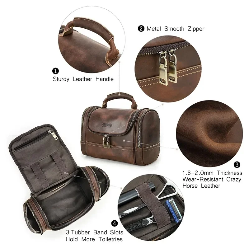 High Quality Men Business Travel Wash Toiletry Bag Crazy Horse Leather Washing Tool Storage Bag Cosmetics Handbag