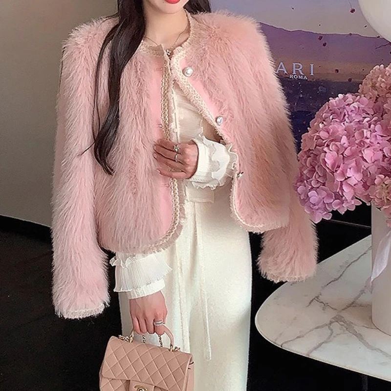 Faux Fox Fur Coats Women Short Fur Jacket Tassel Round Neck Long Sleeve Single Breasted Thick Warm Fur Casual 2025 Autumn Winter