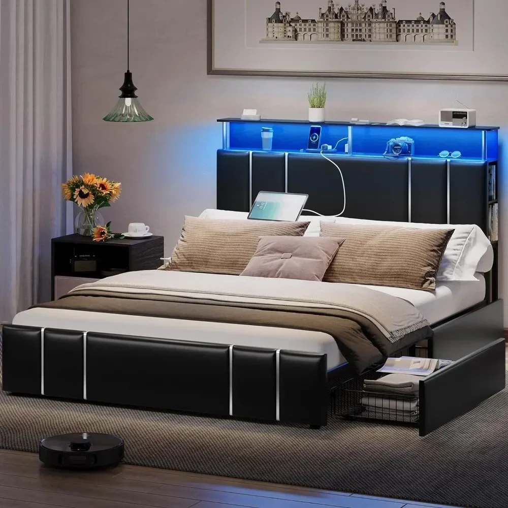 

Bed Frame with Bookcase Headboard and 4 Storage Drawers, Bed Frame with Charging Station and LED Lights