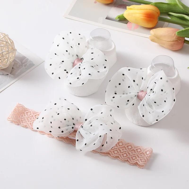 Cute Lace Bows Baby Socks With Headband Set Newborn Cotton Sock Newborn Turban Girls First Walkers Toddler Infant Accessories