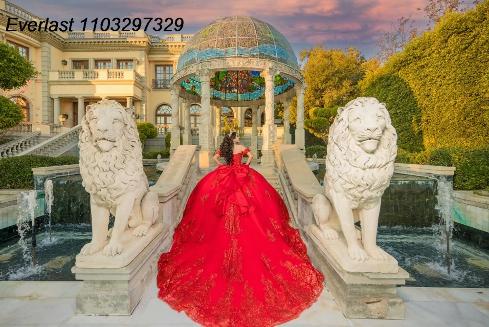 EVLAST Customized Red Quinceanera Dress Ball Gown Sequins Lace Applique Beading Bow Corset Sweet 16 Vestido De 15 Anos TQD983