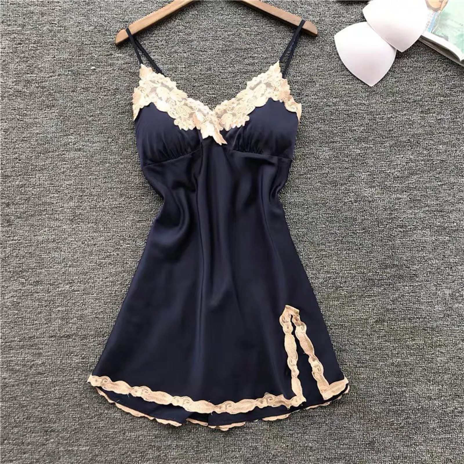 Women Pajamas Lace Home Negligee Nightwear Women Nightdress Thin Sexy Suspender Ice Silk Lingerie Chest Pad Homewear Sleepwear