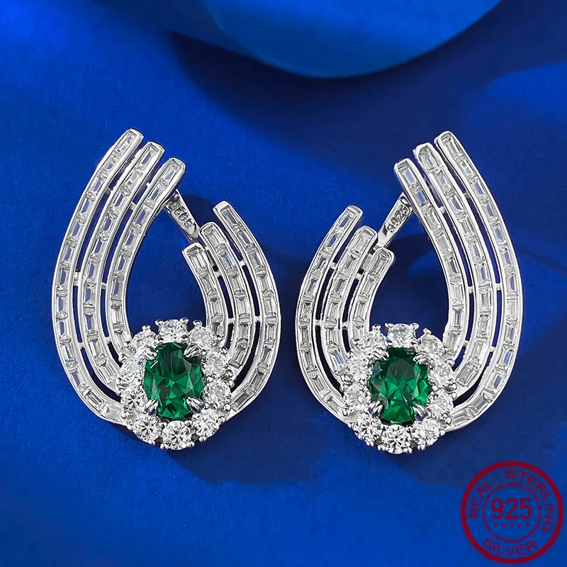 

New Fashionable Evening Style Luxury Inlay 6 * 8mm Nano Green Premium S925 Silver Ear Jewelry Wedding Jewelry