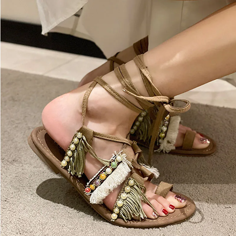 Bohemian Ankle Strappy Women Summer Sandals Color Blocking Flat Bottom Roman Shoes Comfortable Holiday Flip Flops Sandales Femme