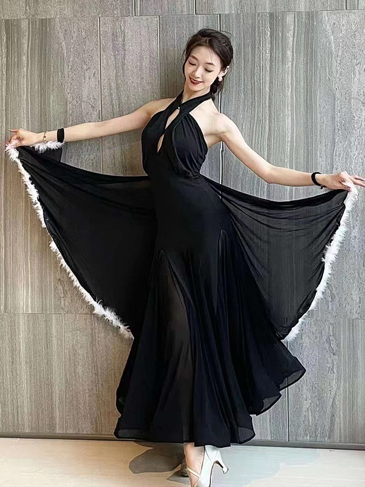 2023 Ballroom Dance Competition Dress Women Halter Neck Black Dress Prom Waltz Dance Costume Modern Dance Dress Adult BL10579