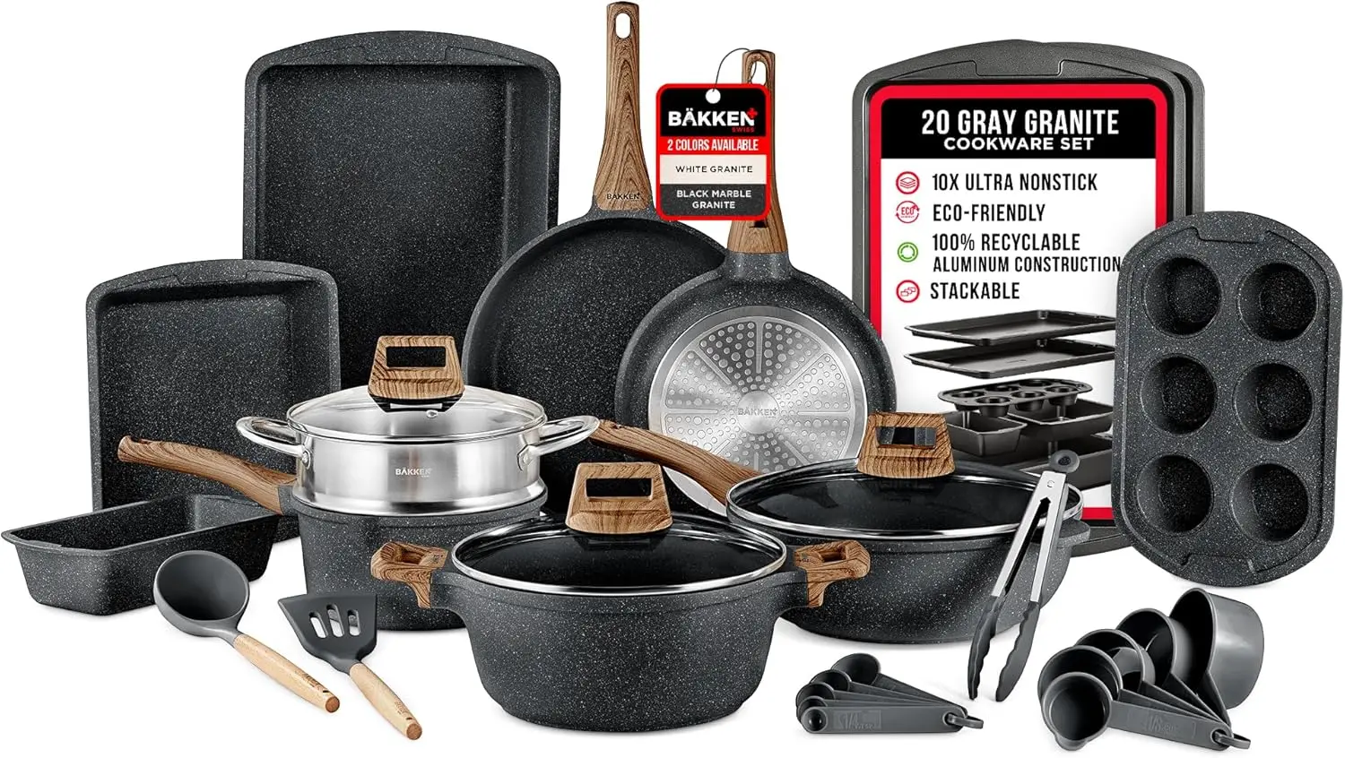 

20-Piece Kitchen Cookware Set Granite Non-Stick Eco-Friendly for All Stoves & Oven-Safe Marble Coating