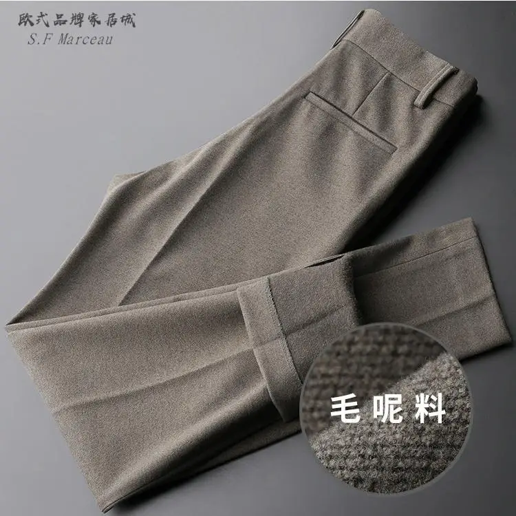 

2024 Warm Woolen Trousers Men's Light Business Slim-fitting Casual Trousers Abraded Thickened Straight-leg Men's Trousers