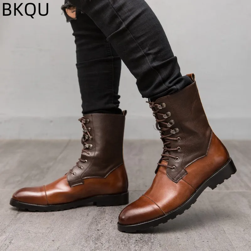 Men\'s Trendy High-top Boots Motorcycle Boots Leather Boots Non-slip Low-top Thick-soled Elastic Outdoor Wear-resistant Fashion