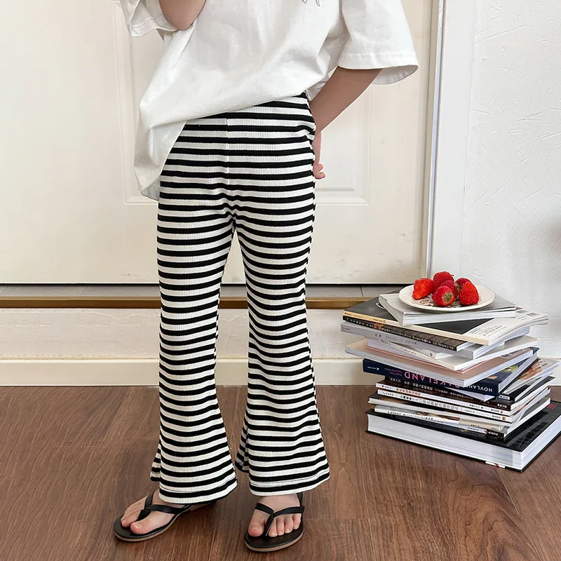 Girls' Stylish Versatile Colored Cotton Pit Stripe Slim Pants 2025 Summer Retro Striped Flared Pants for Children