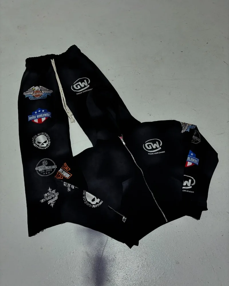 하이 스트리트 Y2K 만화 해골 패턴 미국 패션 남성 캐주얼 스웨트셔츠 락 힙합 하라주쿠 레트로 다용도 세트