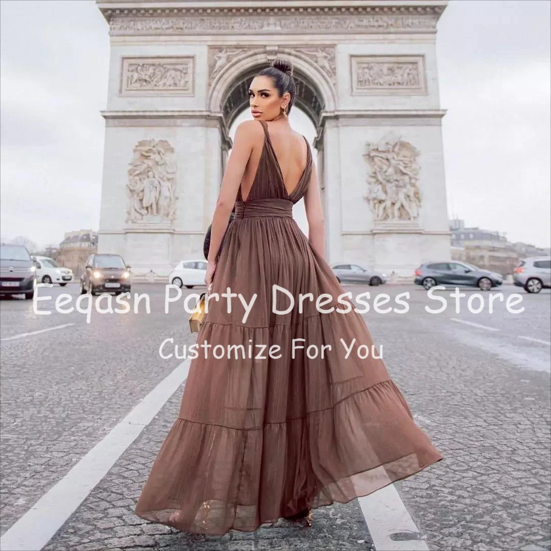 Eeqasn Brown Chiffon Prom Dresses Sexy Deep V-neck Formal Gowns Women Tiered Skirt Evening Party Dresses for Special Event 2022