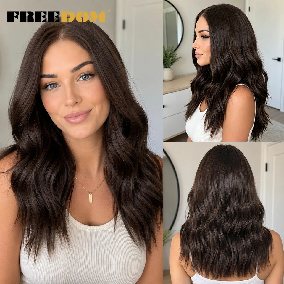 FREEDOM 13x3 Synthetic Lace Front Wigs For Women 16 Inch Pre-cut Ombre Brown Pre Plucked Lace Wigs Wear And Go Natural Wavy Wig