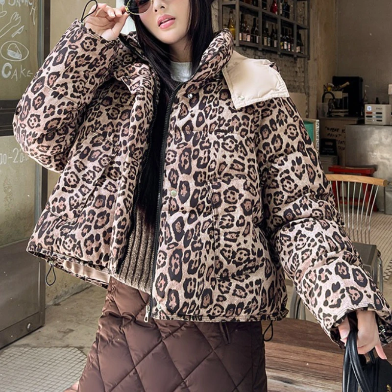 

2025 Winter Women American Leopard Print Cotton Jacket Thick Short Stand Collar Streetwear Women Clothes