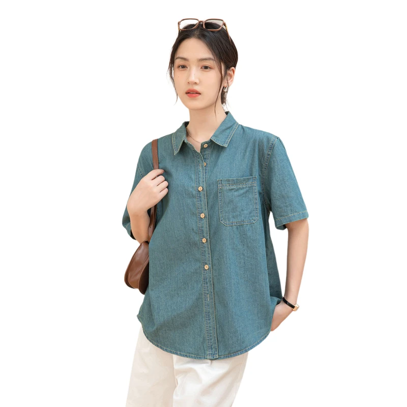 

Women's Shirt 2024 Summer Autumn New Denim Shirts Fashion Single Breasted Solid Thin Loose Short Sleeve Denim Blouse Women Tops