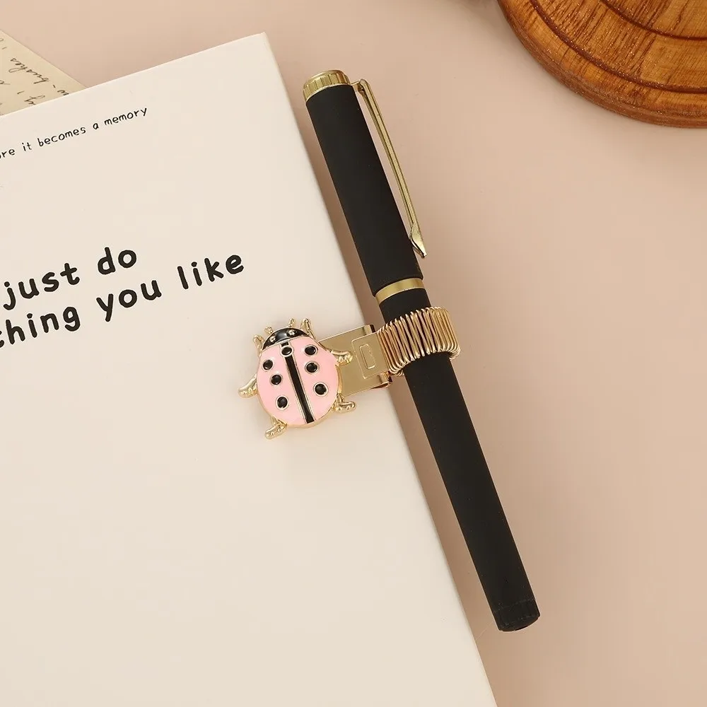 Cute Metal Ladybug Pen Holder Bookmark with Enamel Coating Spring Pen Clips Anti-lost Useful Pen Loop Holder Student Stationery