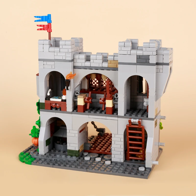 MOC-décennie s de construction de château militaire médiéval, figurines de chevaliers, armes de l'armée, vue sur la rue, cabine de maison, accessoires de briques stables, jouets