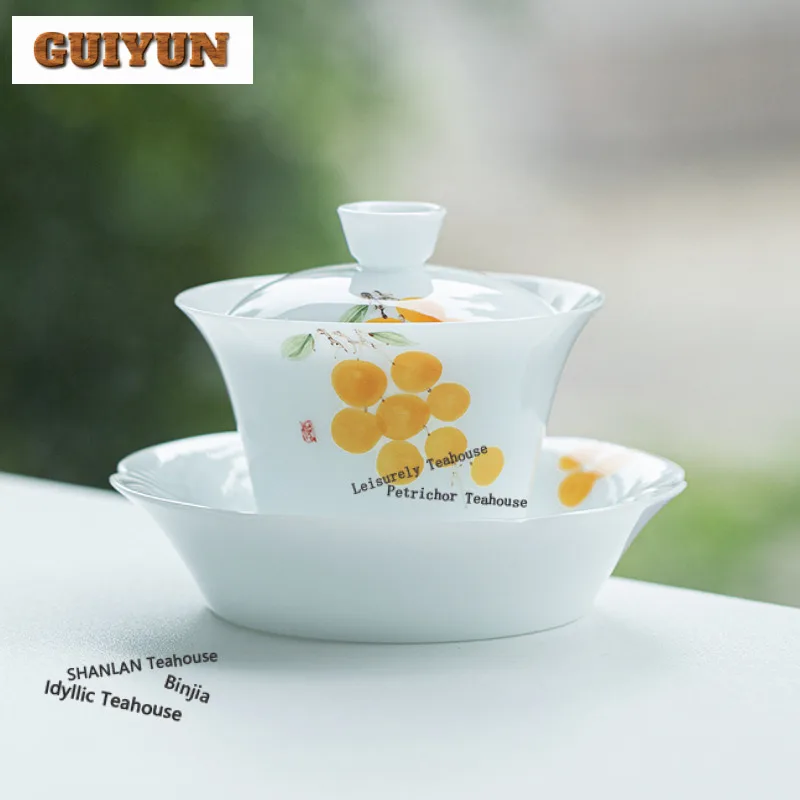 150ml Hand-painted Loquat Gaiwan Luxury Heat Insulation Tea Tureen Tea Bowl with Lid Kit Tea Maker Cover Bowl Cafes Decoration