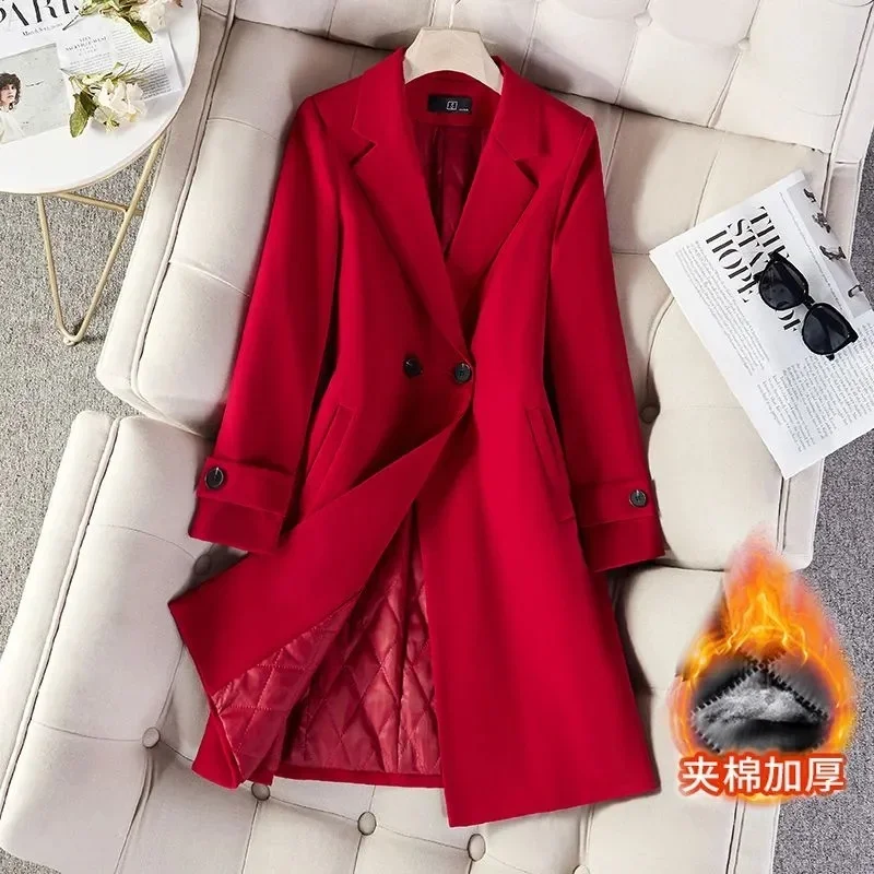 High Quality Autumn Winter Ladies Long Blazer Women Black Red Navy Blue Thicke Blazers Female Casual Jacket Coat Windbreakers