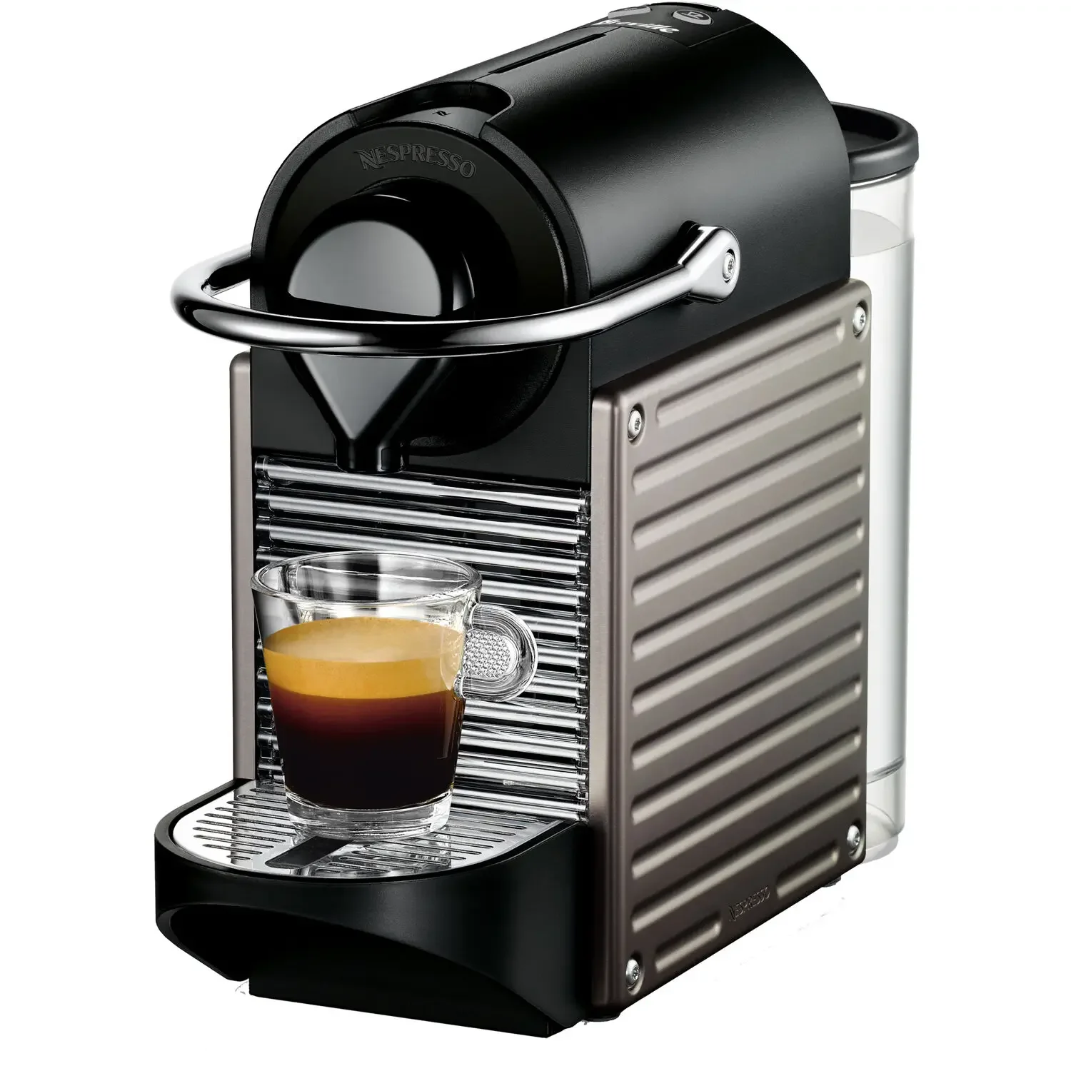 Breville Nespresso Pixie Single-Serve Espresso Machine in Electric Titanium and Aeroccino Milk Frother in Black