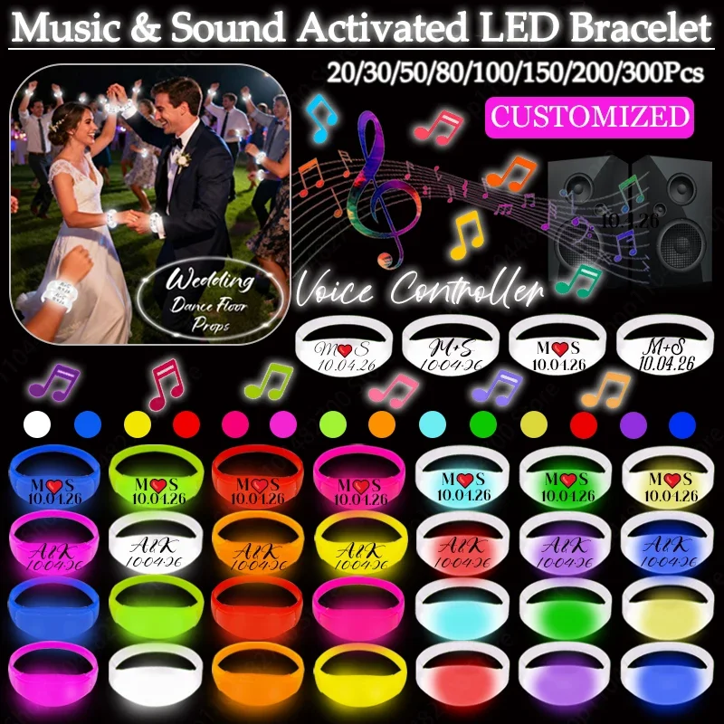 20-300Pcs Customizable Music & Sound Activated LED Bracelets Rhythmic Light up Bracelets Glow Bangles Wedding Party Accessories