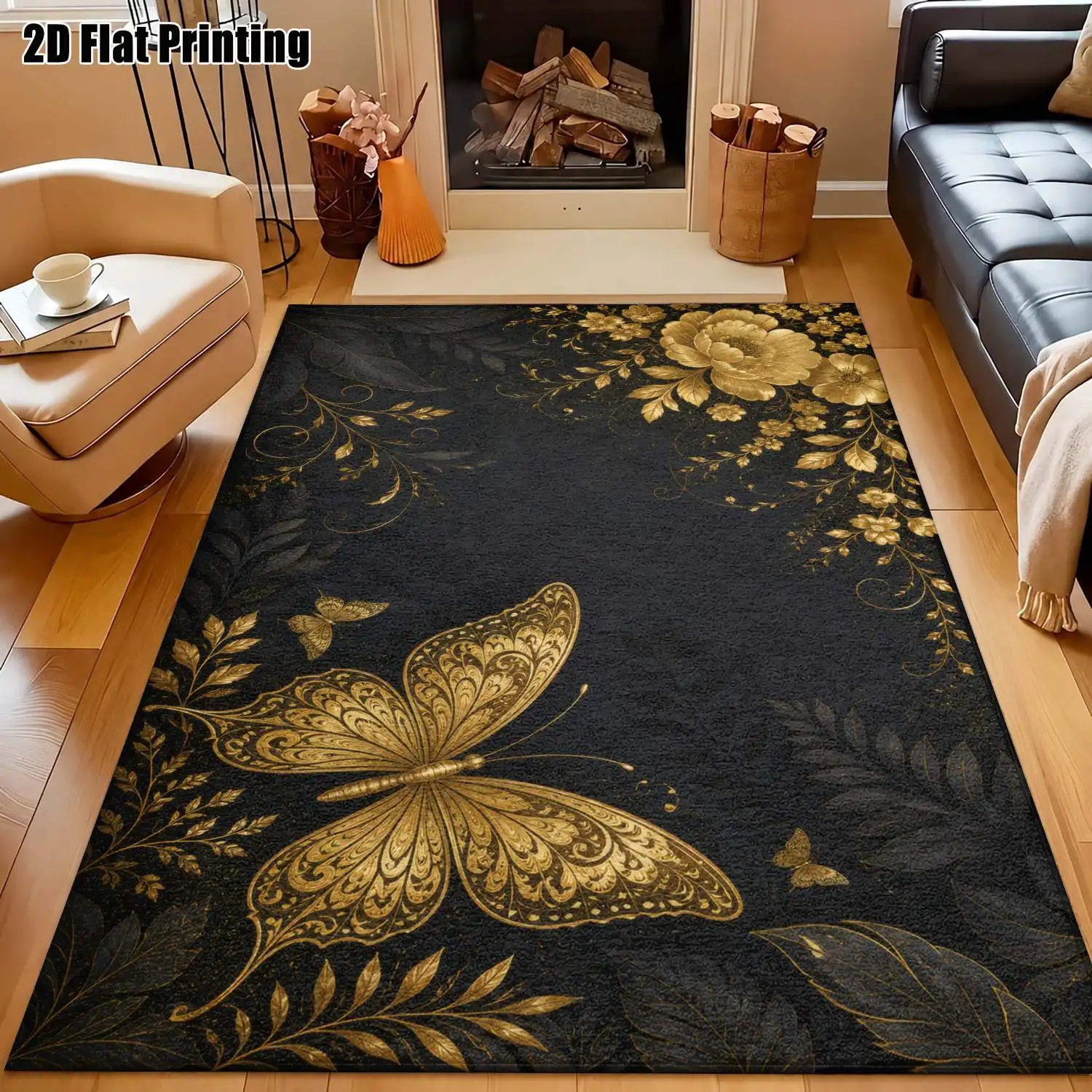 1Pc 2D Printed Carpet: Black & Gold Butterfly, Floral, Vintage, Bohemian, Geometric European Style Home Decor, Multi-Size, Machine Washable, Suitable for Entryway, Dining Room, Foyer, Bedroom, Living Room.
