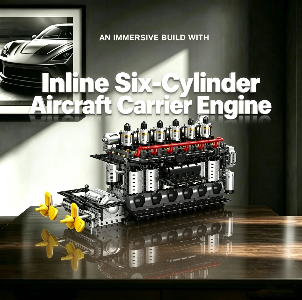 MKing 10209 2025New Inline Six-Cylinder Aircraft Carrier Engine Building Blocks Boys Toy Assembly Model