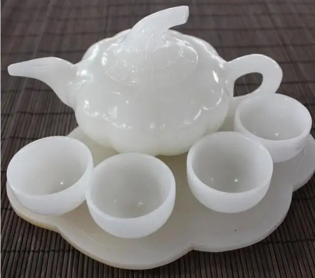 A set HOME OFFICE TOP Business Decorative Collection Auspicious  White Jade Teapot Cups Hand carving statue BEST present gift