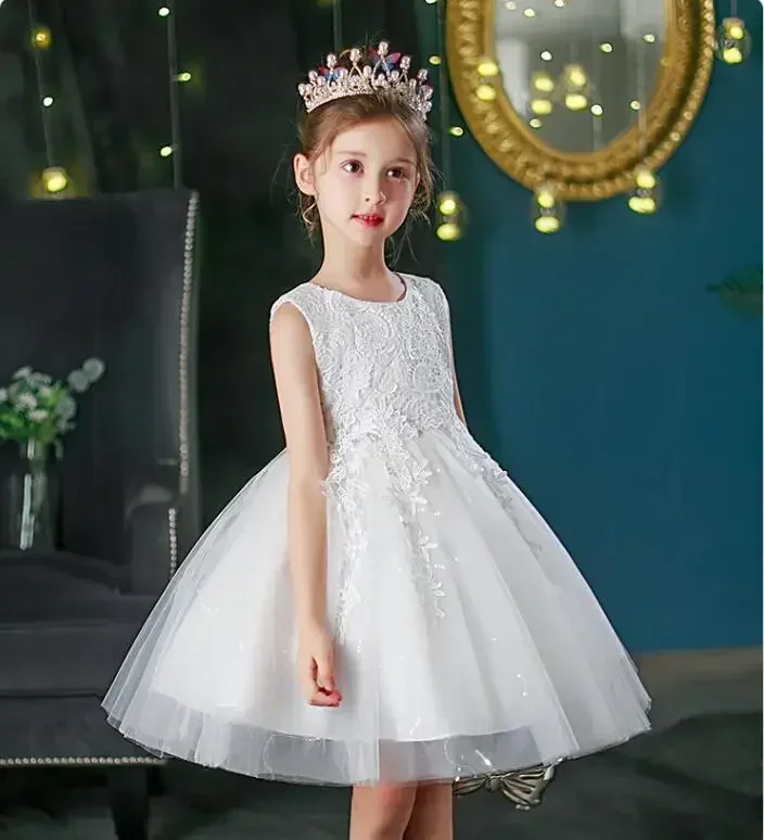 Vestido fofo de gaze infantil, vestido elegante princesa menina, apresentadora de aniversário da menina, vestido para piano, verão