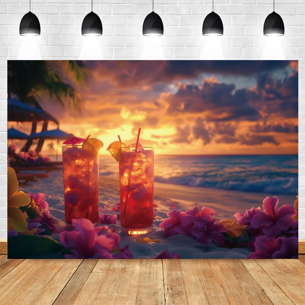 Summer Seaside Holiday Party Decor Backdrop Sunset Sand Coconut Tree Flower Floral Birthday Decoration Photography Background
