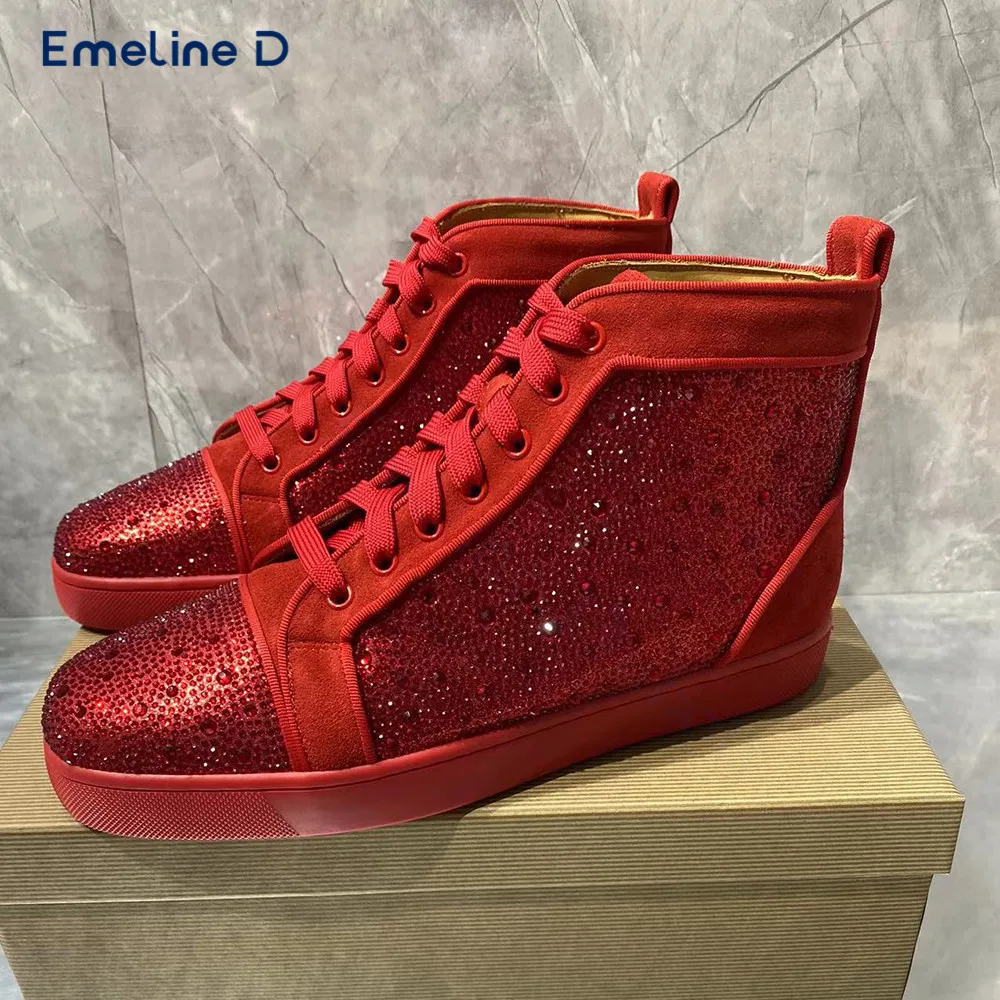 Vermelho cheio de diamante cristal tênis dedo do pé redondo rendas-up deslizamento fosco sapatos casuais de luxo personalidade da moda unisex sapatos