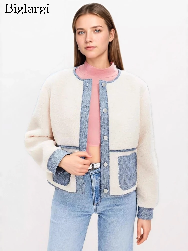 

Осенне-зимнее пальто из овечьей шерсти, женские лоскутные элегантные модные женские укороченные куртки, свободные женские пальто в корейском стиле