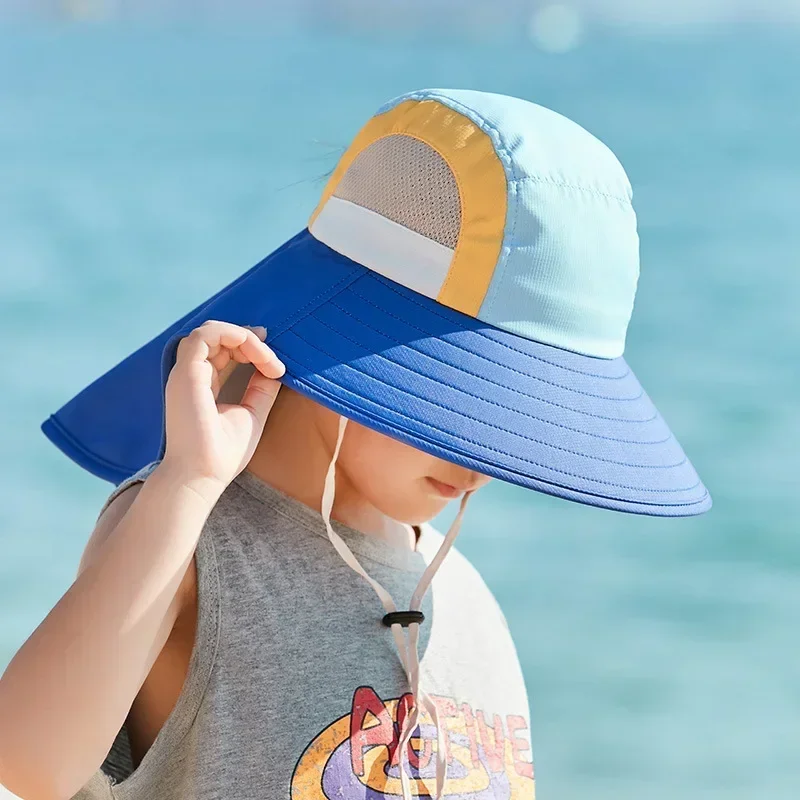 Summer Baby Sun Hat with Neck Flap UV Protection Strap Wide Brim Beach Hats Kids Bucket Hat Cap for Boys Girls Outdoor