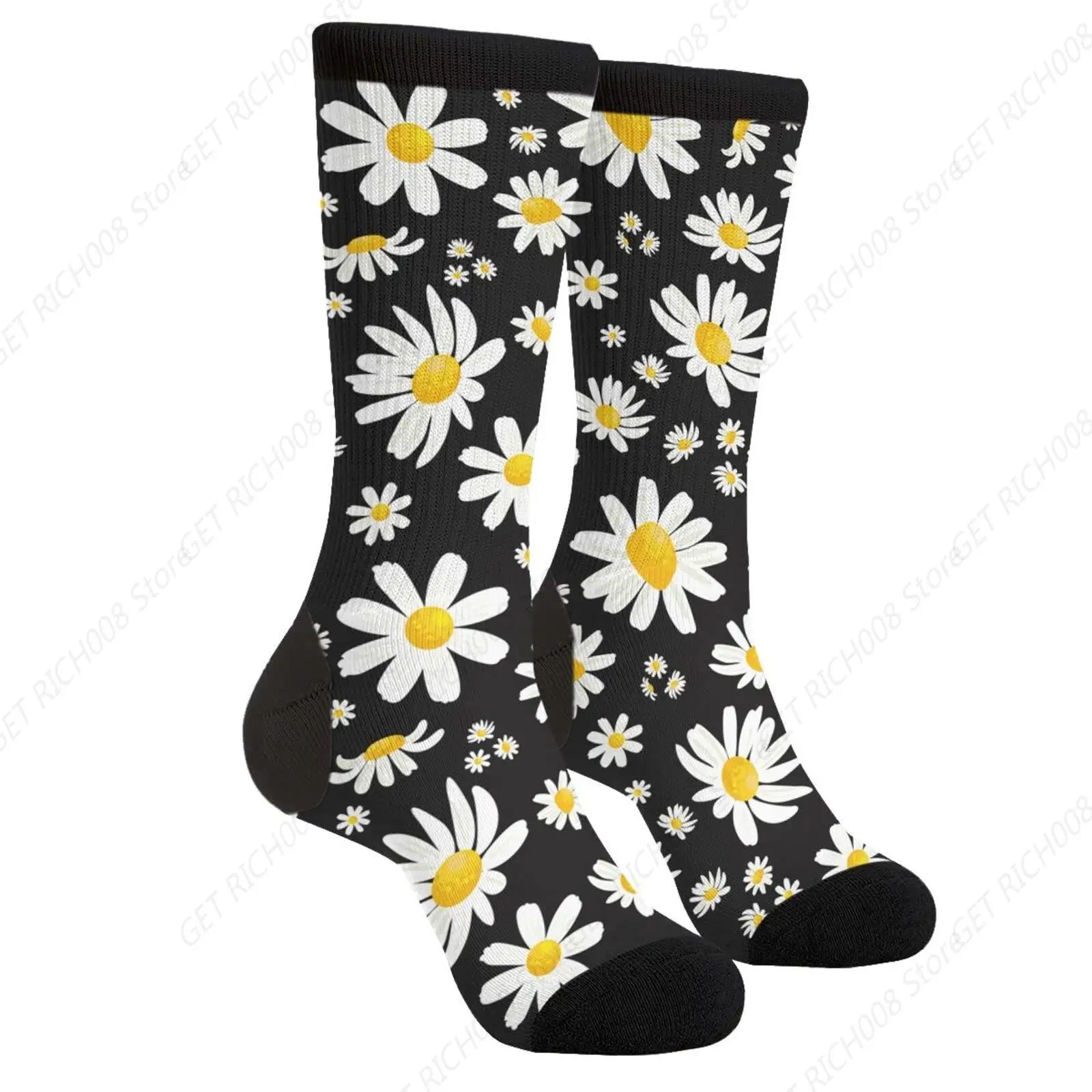 Daisy Flower Floral Cute Yellow Black Casual Funny Funky Novelty Fashion Socks For Men Women Print