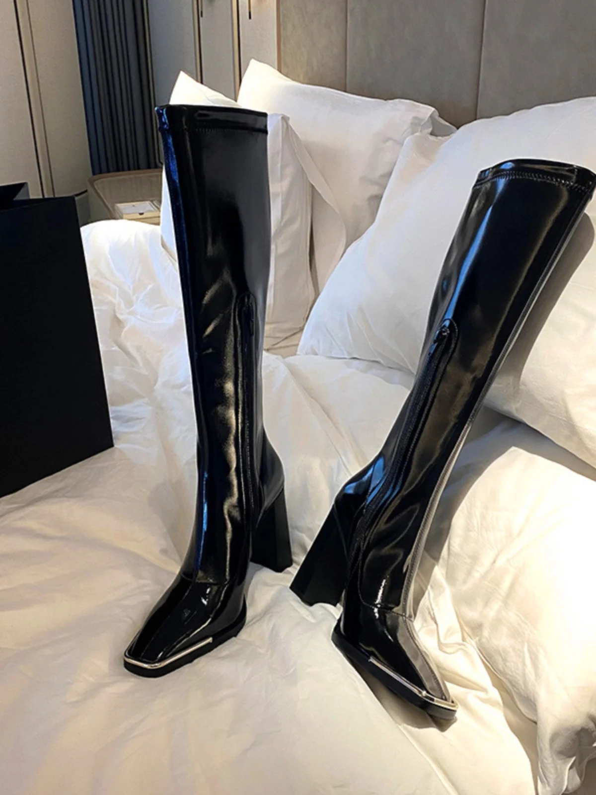 

Kendall Jenner Sle Metal Headed Thi Heel Slim Booties Women's Briti Sle Genuine Leather Boots over Knee